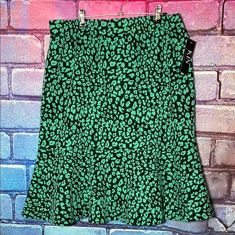 Women's Anthropology + Kin Green Patterned Midi-Skirt With Cheetah Print Size 2